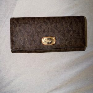 Michael Kors Brown Logo Continental Wallet with Gold Plaque